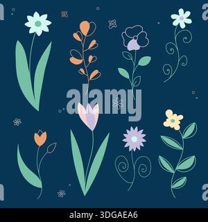 Eine Kollektion aus acht stilisierten Blumenelementen in Pastellfarben. Moderne Interpretation des Stils der 70er Jahre mit feinen Linien. Geeignet für Verpackungsdesign Stock Vektor