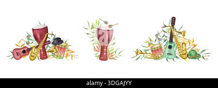 Aquarell Karneval Musikinstrumente unter abstrakten grünen orange Blättern ClipArt Illustration auf isoliertem Hintergrund. Gitarre, Saxophon, Djembe Stockfoto
