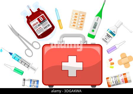 Arztkiste oder erste-Hilfe-Set mit Medikamenten und medizinischen Werkzeugen. Flache Symbole. Isolierte Vektordarstellung Stock Vektor