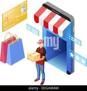 Mit online store, Lieferung, Kurier Smartphone. Internet Shopping und Online Lieferung Konzept. Isometrische Symbole. isolierte Vector Illustration Stock Vektor