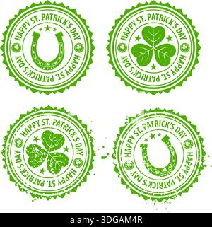 Sammlung Grunge St. Patricks Tag Briefmarken mit Klee und Hufeisen, Vektor-illustration Stock Vektor