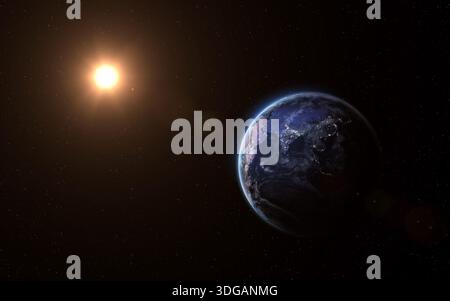Planet Erde und Sonne im Weltraum. Nächtliche Erde, Sonne, Sterne im Weltraum. Die Lichter der Stadt auf dem Planeten. Elemente dieses Bildes, bereitgestellt von der NASA. Stockfoto