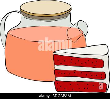 Eine Tasse Tee und ein Stück Kuchen mit Beeren. Handgezeichnete Darstellung der Komposition. Farbige Grafik mit Vektorgrafik. Geeignet zum Bedrucken von Textilien Stock Vektor