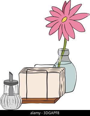 Handgezeichnete niedliche Kritzelobjekte für Teezeit. Handgezeichnete Darstellung der Komposition. Farbige Grafik mit grafischer Vektorlinie. Für Logo, Web, Verpackung, Aufkleber Stock Vektor