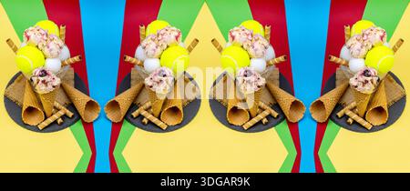 Spiegelkomposition aus Eisbecher als Trophäe nach einem Tennisspiel mit Tischtennisbällen auf buntem Hintergrund Stockfoto