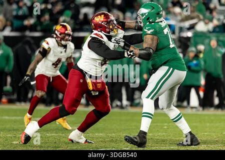 Washington Commanders Defensive Tackle Javon Kinlaw (99) beim Spiel Washington Commanders vs Philadelphia Eagles am Sonntag, den 4. Januar 2026 im Lincoln Financial Field in Philadelphia, Pennsylvania. Die Kommandanten schlugen die Adler 24-17. (Alyssa Piazza/Bild des Sports) Stockfoto