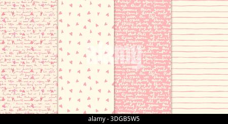 Rosafarbene und cremefarbene nahtlose Vektor-Muster mit Herzen, Linien und handgeschriebenem unlesbarem Text für Valentinstag-Designs und Hintergründe Stock Vektor
