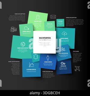 Diese vielseitige Infografikvorlage bietet farbenfrohe Infografikquadrate auf dunklem Hintergrund. Verwenden Sie diese vielseitige Infografik für Business-Repo Stock Vektor