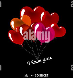 Ein leuchtender Haufen roter und rosafarbener Ballons in Herzform schweben vor dunklem Hintergrund. Diese Ballons in Herzform zeigen eine romantische Botschaft mit dem Spruch Stock Vektor