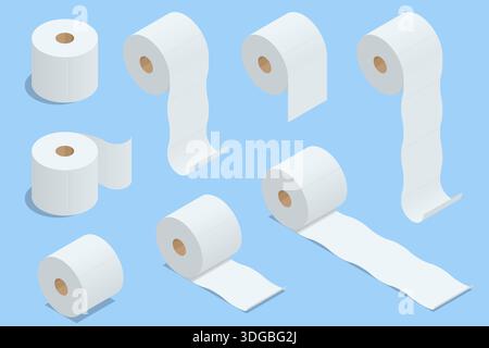 Isometrischer Satz Toilettenpapierrollen in verschiedenen Positionen auf blauem Hintergrund. Weiches Hygienepapier wird als Grundausstattung für das Badezimmer im Haushalt in Clean dargestellt Stock Vektor