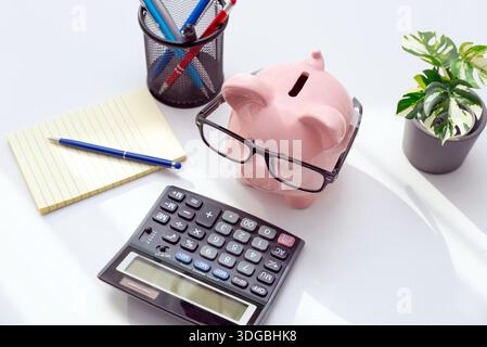 Kluge Sparkasse mit Brille, Taschenrechner, Finanzberechnung Stockfoto