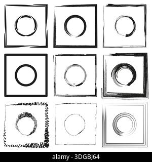 Zen Kreis- und Quadrat-Set. Enso Pinselstrichkollektion. Schwarze handgezeichnete geometrische Rahmen. Minimalistische orientalische Kunst. EPS 10. Stock Vektor