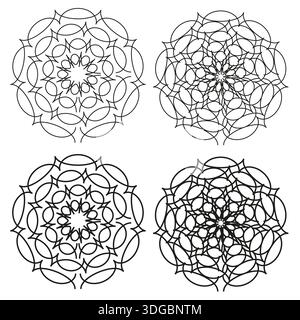 Geometrisches Schneeflockenset. Rundes Ornament-Symbol. Mandala Kreis Vektor. Strichkunst-Dekoration. EPS 10. Stock Vektor
