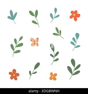 Verstreute Blätter und Blumen, die ein weiches botanisches Muster bilden, perfekt für dekorative Hintergründe, Schreibwaren und Frühlingsbilder Stock Vektor