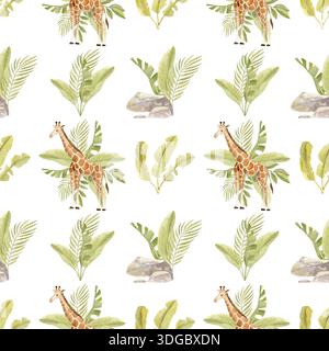 Nahtloses Safari-Muster In Aquarellen. Giraffe mit tropischen Blättern und glatten Steinen Stockfoto