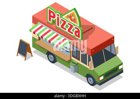 Pizza Food Truck. Isometrische Abbildung eines Pizza Food Trucks mit Wartungsfenster und Schild, Street Fast Food Fahrzeug für Essen zum Mitnehmen, Urban Mobile Stock Vektor