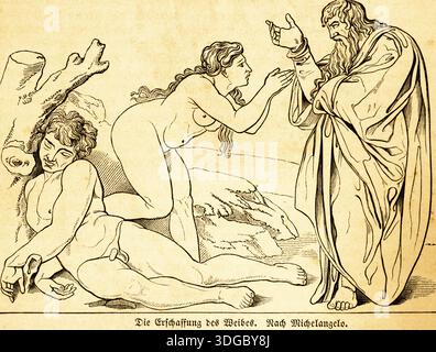 Die Schöpfung der Eva, nach Michelangelo, Buonarroti (1475-1564) italienischer Maler der Hochrenaissance, Bibel, Schöpfungsgeschichte, 1. Mose 2, Gott, Adam, Stockfoto