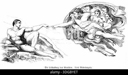 Erschaffung Adams nach Michelangelo Buonarroti (1475–1564) italienischer Maler der Hochrenaissance, Bibel, Schöpfungsgeschichte, erster Mann, Deckenfresko Stockfoto