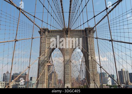 Die 1883 erbaute Brooklyn Bridge ist die erste Hängebrücke aus Stahl und überblickt die Wolkenkratzer von Manhattan, den Big Apple. Stockfoto