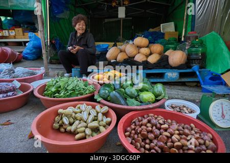 Seosan, Südkorea: Ältere Frau, die frisches Gemüse und Kürbisse auf dem lokalen Marktstand verkauft Stockfoto