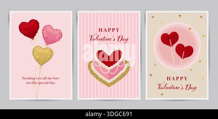 Valentinskarten mit Ballons, Kuchen und Lutscher. Niedliche Vektor-Illustration im flachen Retro-Stil Stock Vektor
