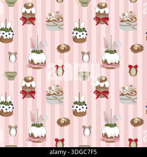 Handgezeichnete Osterkuchen nahtloses Muster mit Teetassen, Vogelnest und Ostereiern und gestreiftem Hintergrund Stock Vektor