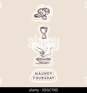 Palmensonntag, osterwoche, Grafikset mit Jesus reitend auf einem Esel. Religiöse christliche Ikonen. Sticker-Set für glaubwürdige Bibelstudien. Hand Stock Vektor