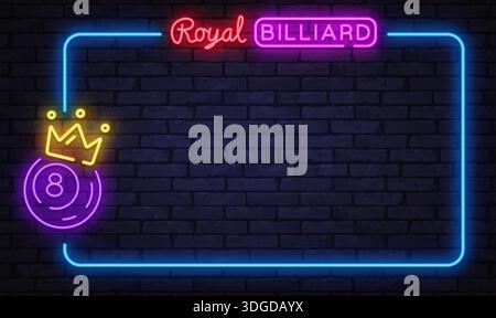 Königlicher Billardrahmen in Neon mit Krone und acht Kugel auf dunkler Ziegelwand. Elegantes Glühen passt zu Pool Clubs, Turnieren und luxuriösen Spielemarken. Stock Vektor
