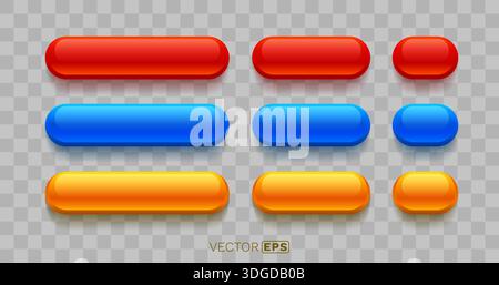 Lebendiges, glänzendes 3D-Knopfset für modernes Webdesign. Rote, blaue und orangefarbene Elemente auf transparentem Hintergrund. Vektorabbildung Stock Vektor