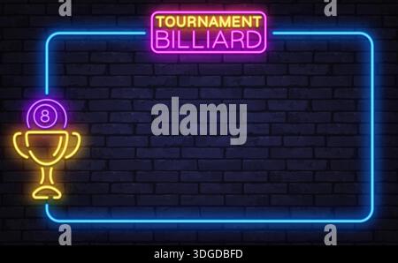 Billardrahmen in leuchtendem Neon mit Trophäen- und Ballsymbol. Perfekt für Wettkampfankündigungen, Veranstaltungsposter oder Sportaktionen. Stock Vektor