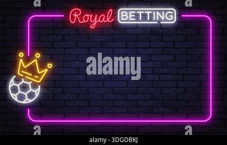 Königlicher Spielrahmen in Neon mit Krone und Fußballsymbol an der dunklen Wand. Luxuriöses Glühen passt zu Premium-Sportwetten und Werbeaktionen. Stock Vektor