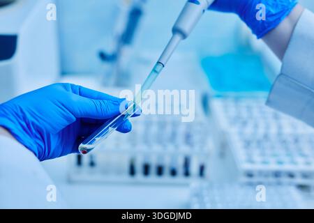 Frau Doktor, der einen Test hält ein Reagenzglas mit Patientenanalyse in den Händen, medizinische Untersuchung, selektiver Fokus. Stockfoto