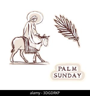 palmensonntag-Motiv von Jesus, der auf Esel mit Palmblatt reitet, für den Eintritt in die Bibelstudie in Jerusalem. Biblisches Symbol Hand gezeichneter isolierter Vektor für ostern Stock Vektor