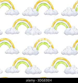 Nahtloser Regenbogenmuster in Farben der irischen Nationalflagge, grün weiß orange und flauschige Wolken. Happy Saint Patrick's Day. Handgezeichnetes Aquarell Stockfoto