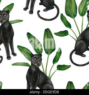 Nahtloses Muster aus Panther und tropischen Blättern. Handgezeichnete Aquarellbilder isoliert auf weißem Hintergrund. Nahtloses Muster für Textilien Stockfoto