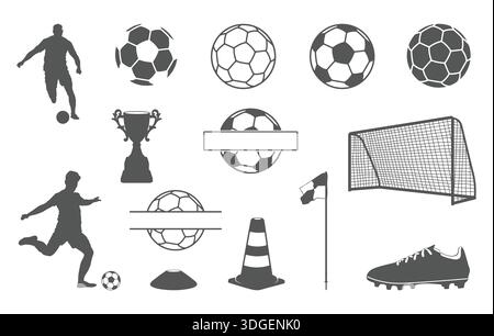 Fußball-Silhouettenkollektion, Fußball-Sport-Paket, Fußball-Ikonen und -Silhouetten-Paket, Fußballspieler, Ball, Torpfosten und Ausrüstung, Logo, Football sv Stock Vektor