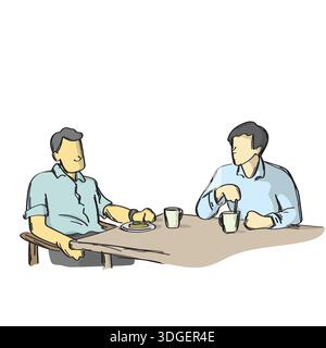 Zwei Männer sprechen auf Tisch mit Kuchen und Kaffee Illustration Vektorskizze mit schwarzen Linien Stock Vektor