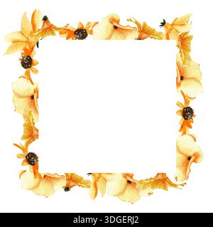 Ein quadratischer Rahmen mit gelben Aquarellblumen und Platz für Text in der Mitte. Eine botanische Illustration der Wildblumen. Ein natürliches Muster der Blüte Stockfoto