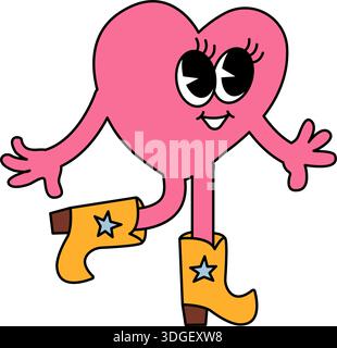 Fröhliche rosa Herzfigur tanzt mit offenen Armen. Niedliche groovige Illustration für Liebesmotive Aufkleber Poster und Bekleidung. Stock Vektor