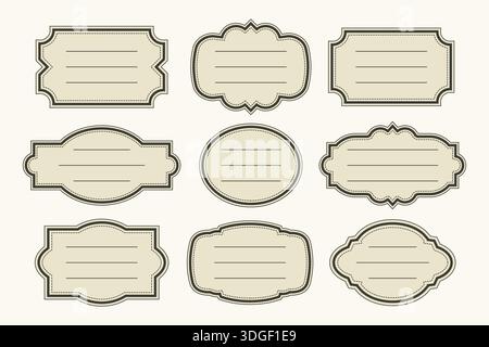 Ein Satz Vintage-Labels mit eleganten Rahmen. Klassische leere Tags mit Platz für Text und dekorativem Rand. Retro-Tags für handgefertigtes Branding, Verpackung, Scrapbooking und Kochen. Stock Vektor