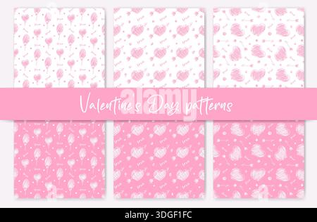 Ein Satz nahtloser Zeichnungen mit rosafarbenen Herzen, Ballons und Pfeilen im Doodle-Stil. Geschenkverpackung zum Valentinstag. Handgezeichnete Urlaubshintergründe Stock Vektor