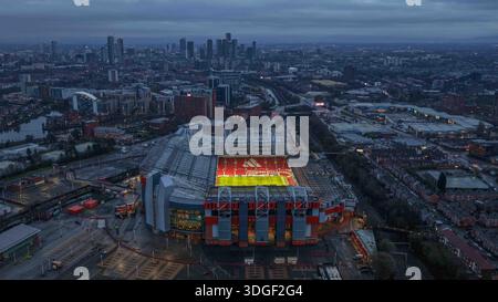 Eine Luftaufnahme von Old Trafford während des Premier League-Spiels Manchester United gegen Manchester City in Old Trafford, Manchester, Vereinigtes Königreich, 17. Januar 2026 (Foto: Mark Cosgrove/News Images) Stockfoto