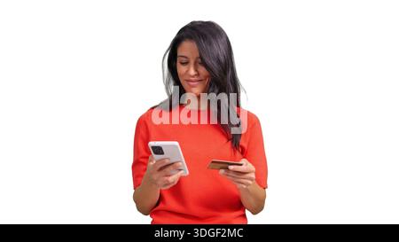 Frau beim Online-Shopping mit Smartphone und Kreditkarte, transparenter Hintergrund Stockfoto