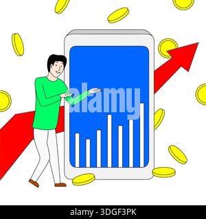 Ein Mann steht vor einem Handy, auf dem ein Diagramm steht. Das Diagramm zeigt einen positiven Trend, und der Mann zeigt darauf hin. Es gibt auch Menschen Stock Vektor