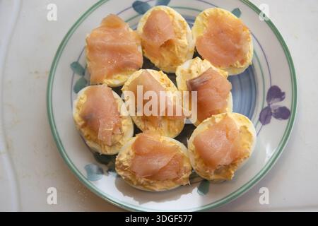 Ein Teller mit gesunden Gourmet-Vorspeisen mit hart gekochten Eiern und frischen geräucherten Lachsscheiben, perfekt für Eiweißdiäten und festliche Keto-Diäten Stockfoto