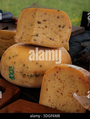 Handwerklich hergestellter halbharter Käse mit Kräutern und Gewürzen, stapelt und in Scheiben geschnitten auf einem rustikalen Marktstand mit traditionellem Milchhandwerk. Stockfoto