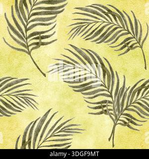 Nahtloses Muster mit Palmblättern auf gelbem Hintergrund, handgemalt in natürlichen Grüntönen, minimale tropische botanische Textur für Osterdekor, Palm Stockfoto