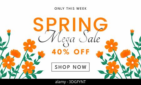 Frühjahrs-Mega-Werbebanner mit orangefarbenen Blumen und 40 % Rabatt auf Text auf weißem Hintergrund. Stock Vektor