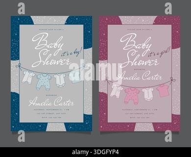 Einladungskarte für Baby-Dusche mit Bodys zum Aufhängen für Jungen und Mädchen. Stock Vektor