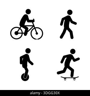 Ein Satz schwarzer Silhouettenvektorsymbole, die verschiedene individuelle Sportaktivitäten und Transportmodi darstellen. Umfasst Laufen, Fahrradfahren, Einrad, Stock Vektor